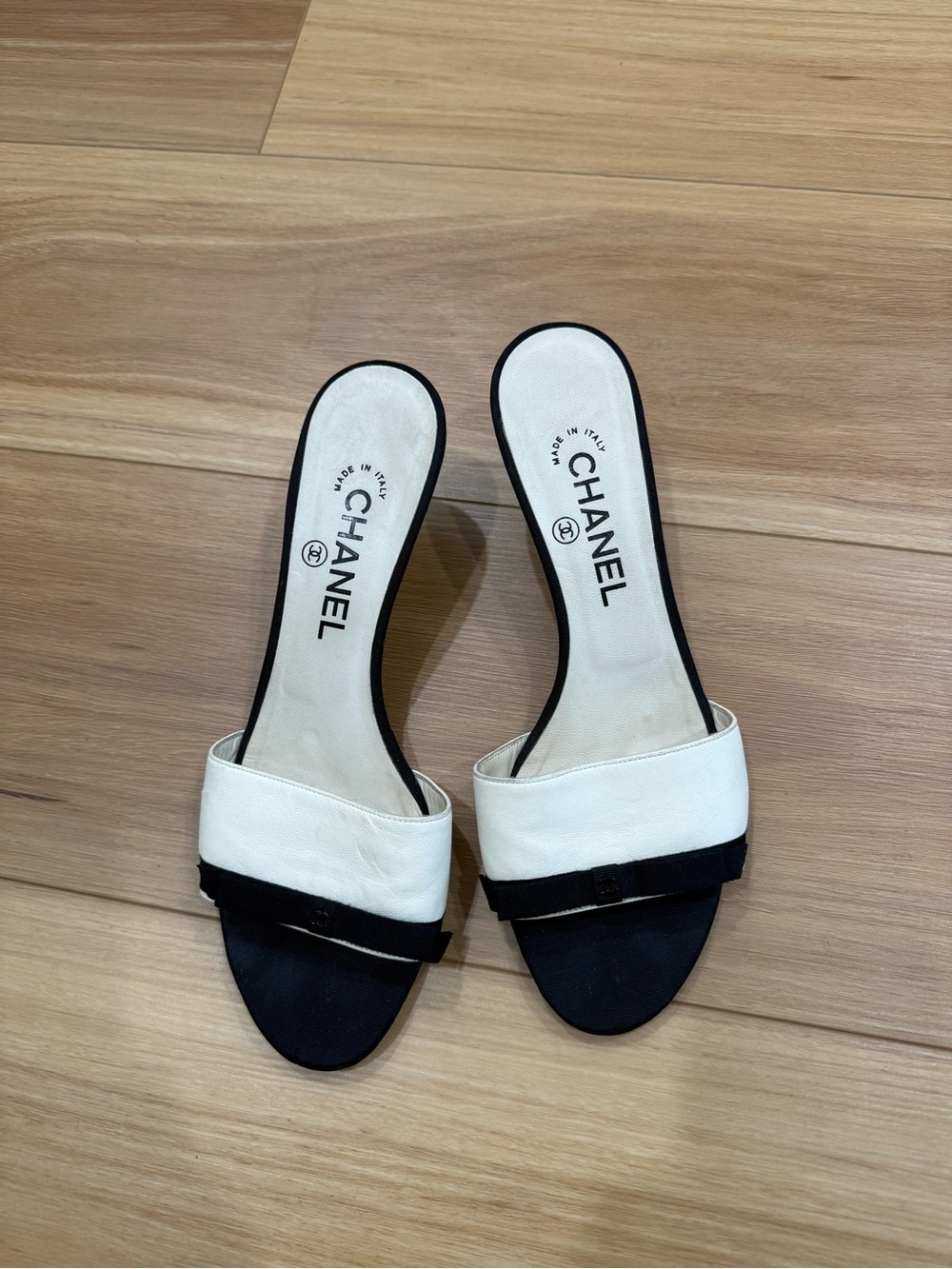 Chanel White and Black Bow Slide/Mule Heels